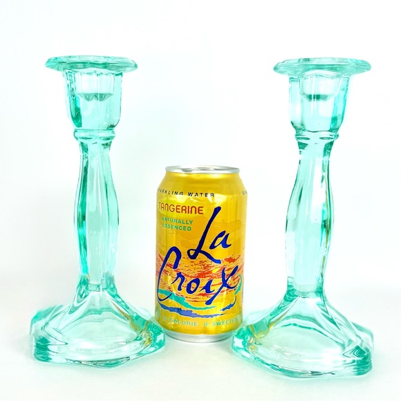 Vintage Set Of 2 Aqua Blue  Art Deco Glass Candlesticks Holders. Mid-Century Mod - Picture 3 of 13